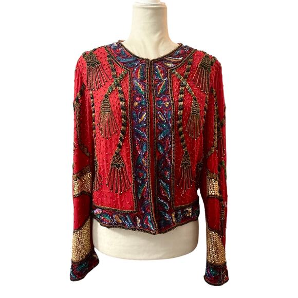 Vintage 1980s LaurenceKrazer 100% Silk Red Beaded Blazer Jacket Size Medium